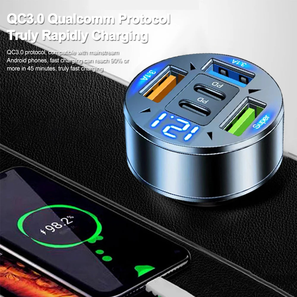 Chargeur de voiture 250 W à 5 ports, charge rapide PD QC3.0, adaptateur secteur USB-C pour iPhone, Samsung, Huawei et Xiaomi. Compatible avec les tensions indiquées