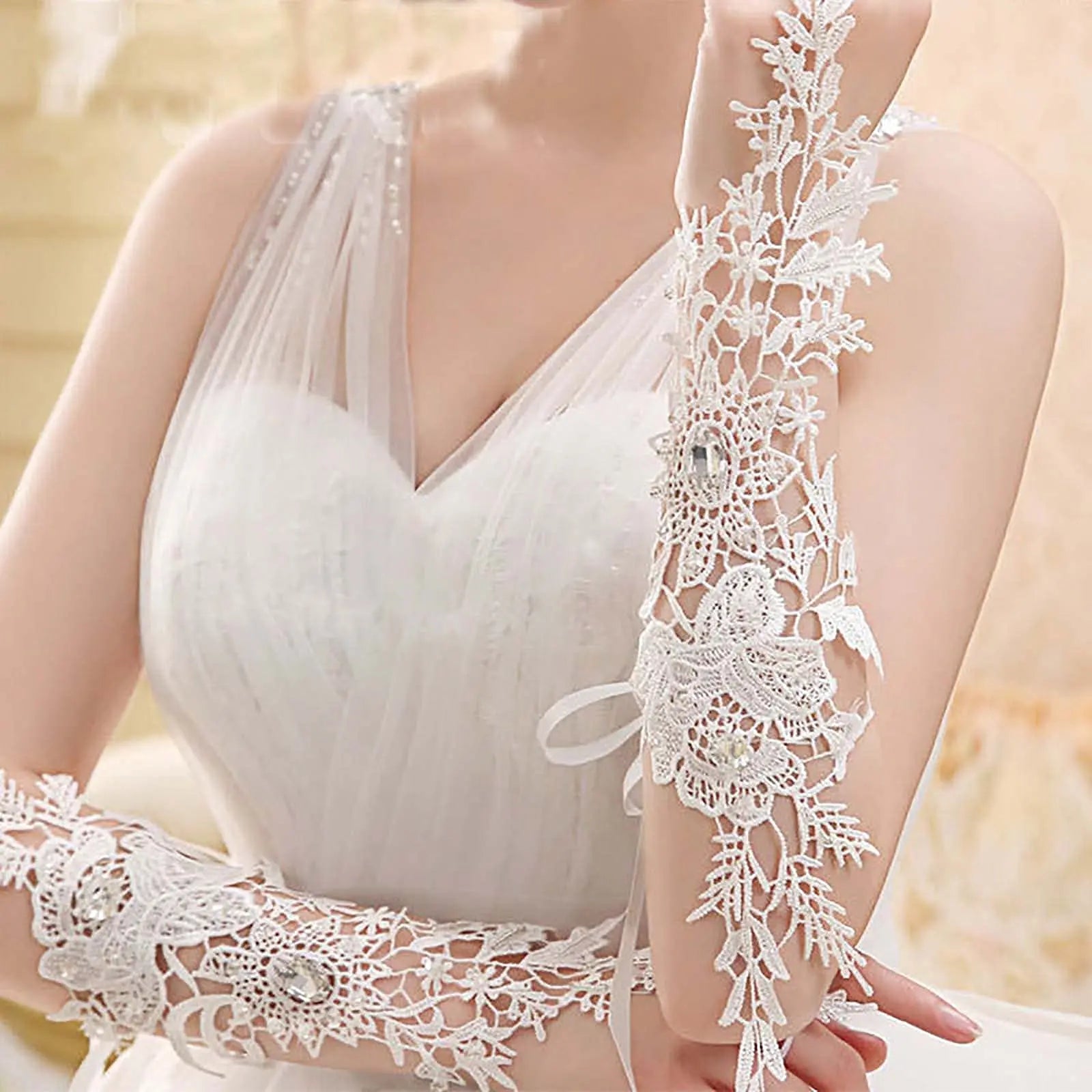 Gants de mariage longs en dentelle et cristal, sans doigts, à motif floral ivoire, pour la mariée