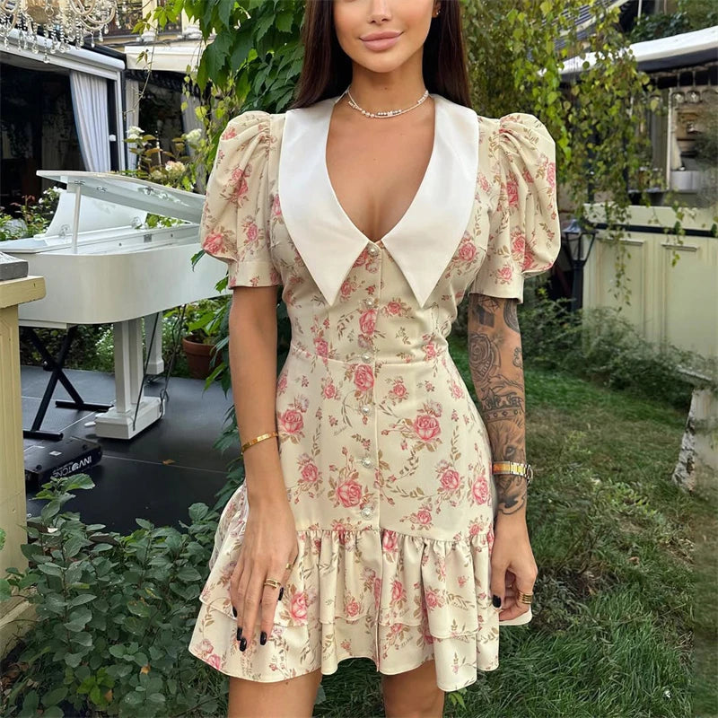 Tornova imprimé manches bouffantes robe à volants femmes col en v taille haute perles boutons Mini robe femme décontracté vacances robe de mode