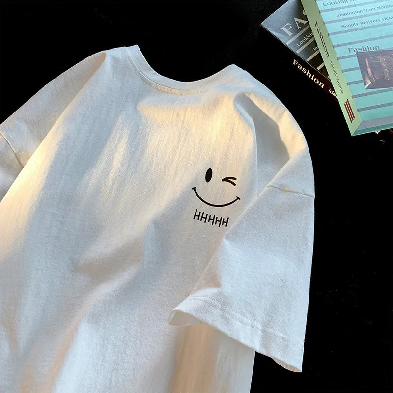 T-shirt manches courtes pour hommes et femmes, visage souriant, drôle, mode Couple, américain, basique, Simple, surdimensionné, ample, pull pour garçons