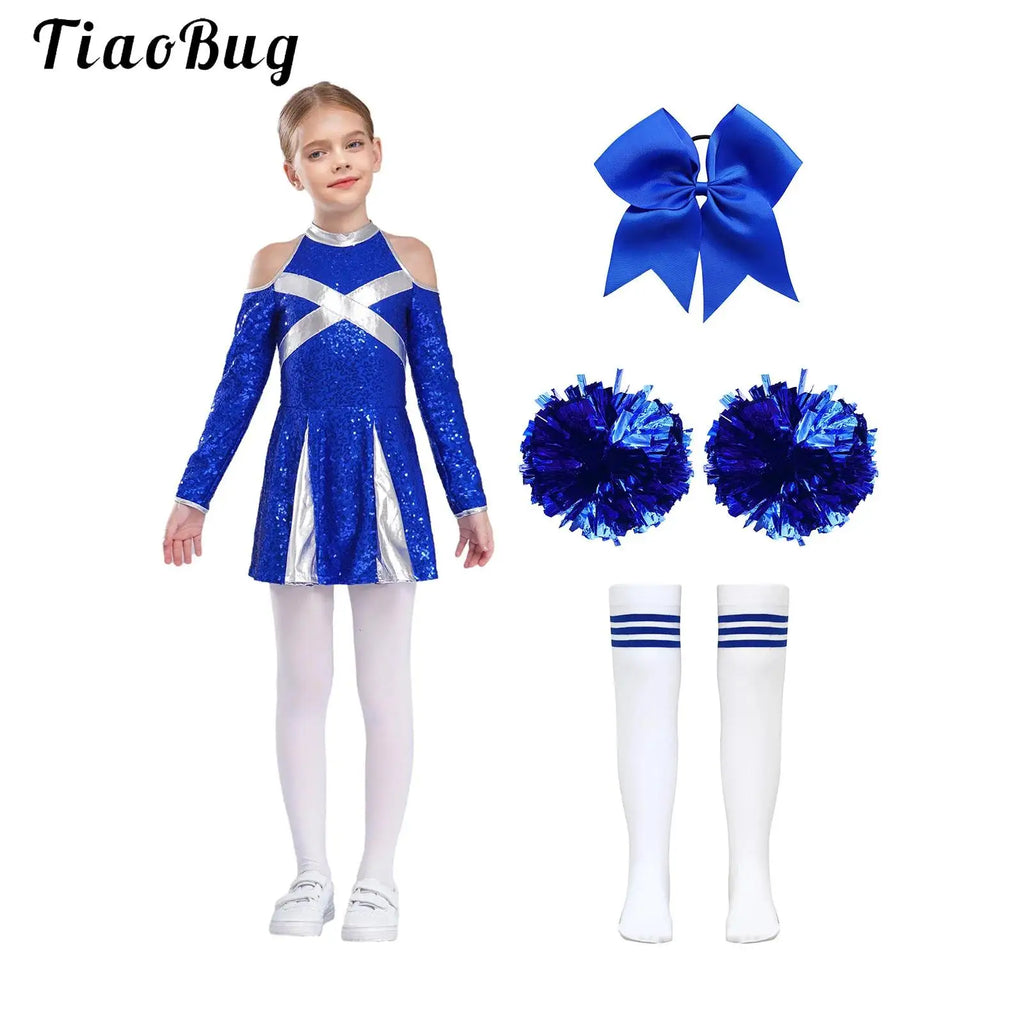Uniformes de pom-pom girl pour enfants filles, 4 pièces, tenue de danse à l'école, paillettes brillantes, robe à épaules dénudées, déguisement de pom-pom girl de carnaval