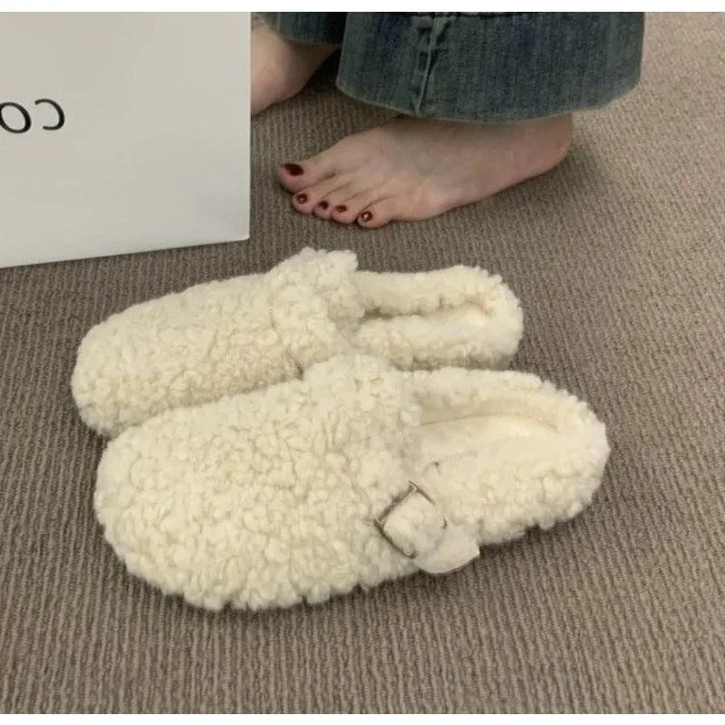 Sabots Boston en fourrure pour femmes, tendance hiver, semelle intérieure en liège, pantoufles chaudes et moelleuses avec soutien de la voûte plantaire, mules confortables en daim duveteux pour la maison