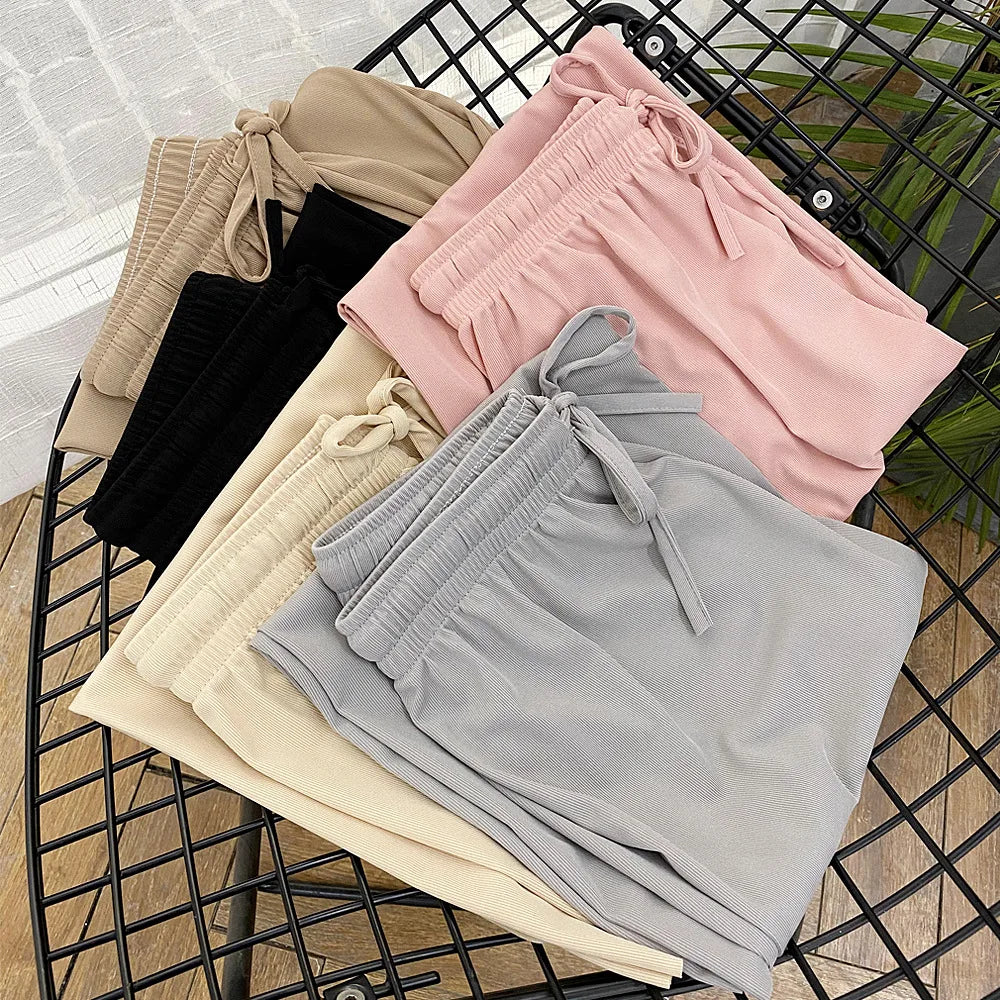 Pantalon à jambes larges pour femmes, longueur cheville, décontracté, couleur unie, taille élastique, ample, en soie glacée, printemps été