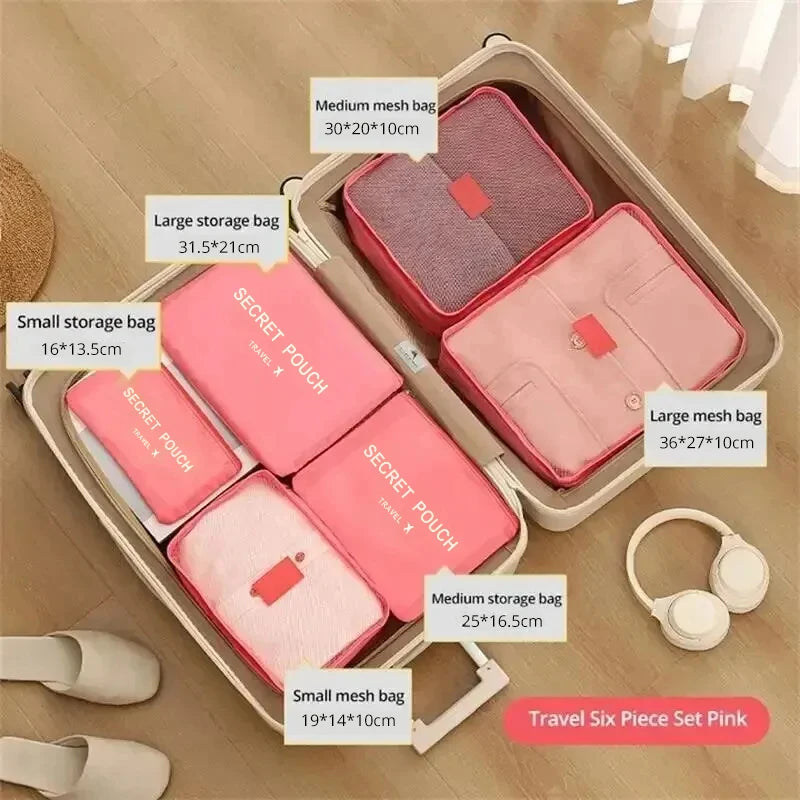 6 pièces/ensemble rose/bleu/gris sac de rangement de voyage grande capacité étanche bagages vêtements sous-vêtements sac de rangement sac avec fermeture éclair