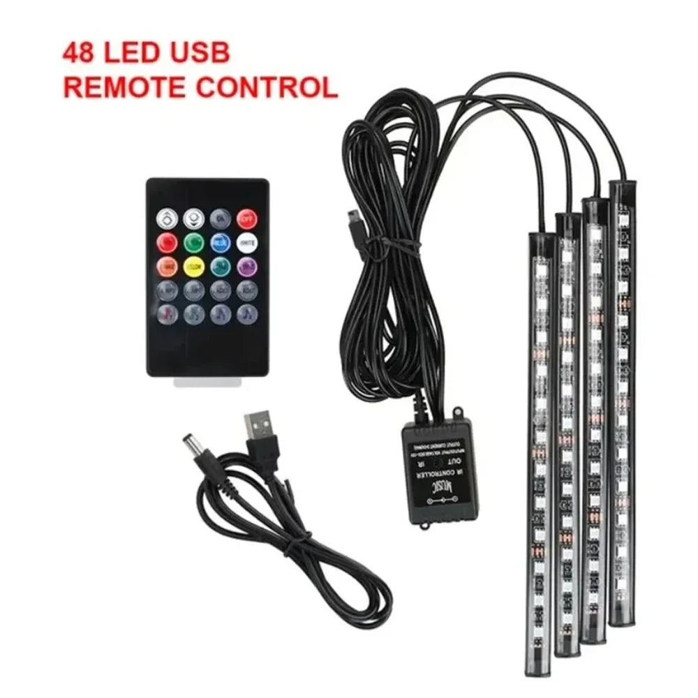 Bande LED néon 48 LED RGB pour éclairage d'ambiance au sol de voiture, avec port USB/prise allume-cigare et télécommande