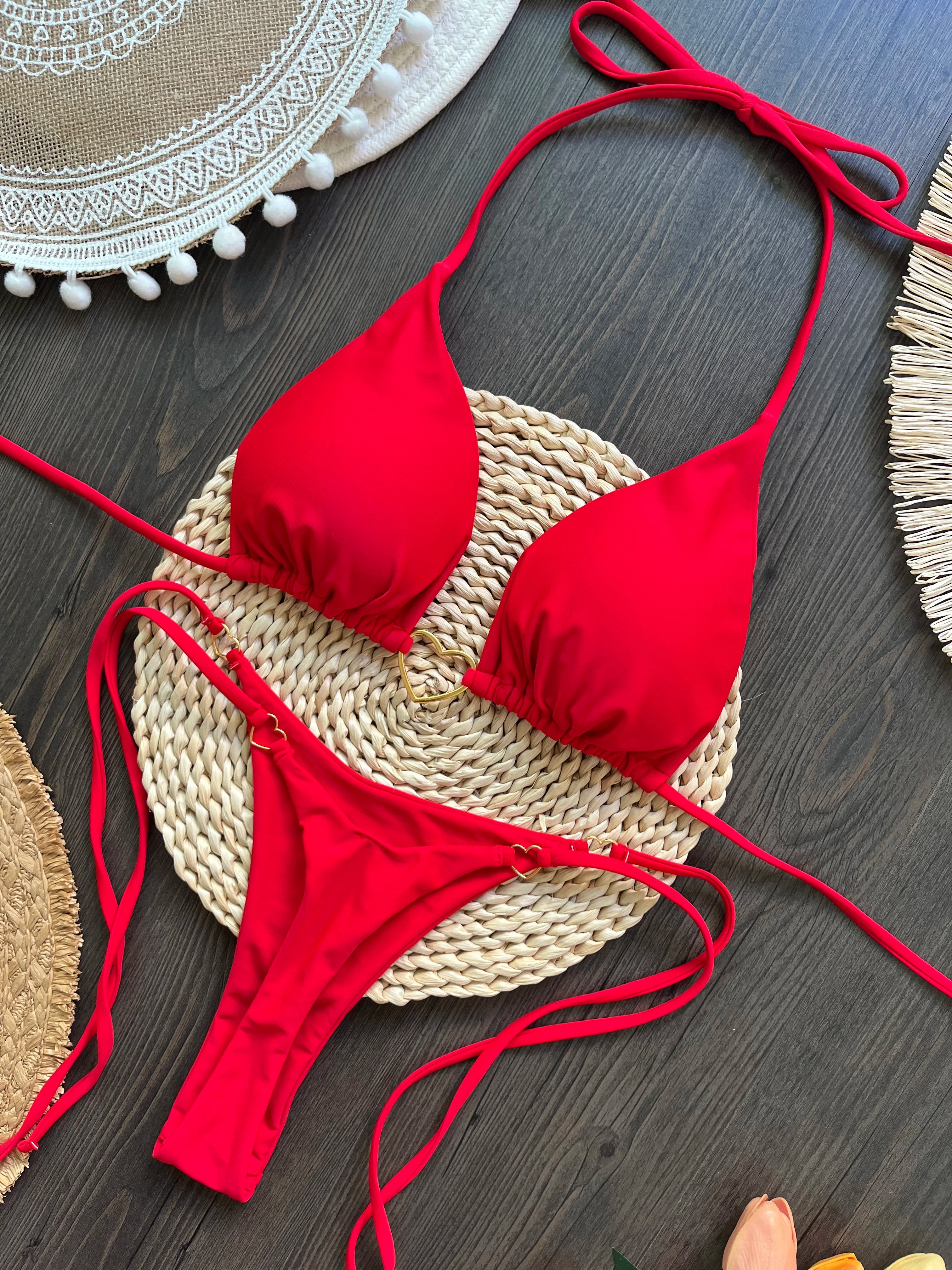 RUOTONSEPT Ensemble bikini sexy dos nu couleur unie, maillot de bain deux pièces triangle string brésilien
