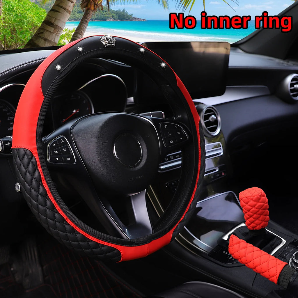 Couronne en cuir PU avec incrustations de diamants pour voiture, sans anneau intérieur, couvercle de volant, couvercle de changement de vitesse, couvercle de frein à main, 3 pièces