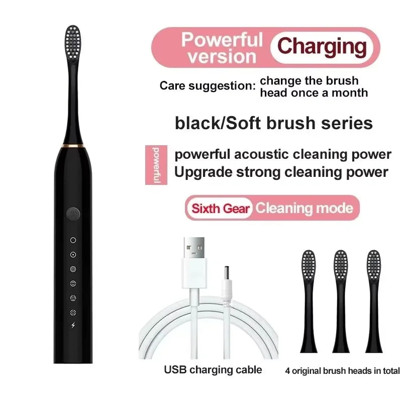 Brosse à dents électrique automatique à six vitesses, brosse à dents intelligente universelle à poils souples pour adultes et enfants, pour tous les âges