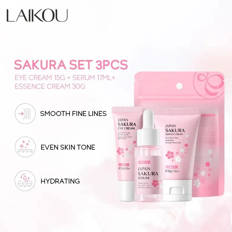 3pcs/set LAIKOU Ensemble de soins de la peau Vitamin C Sakura Essence d’escargot Sérum & Crème pour les yeux et le visage Hydratant Taille de voyage Ensemble de soins de la peau