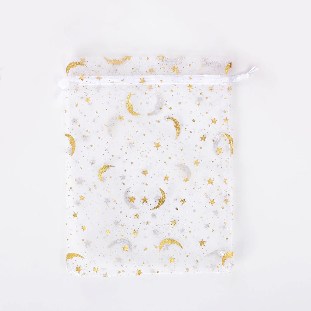 50PCS White Moon Stars Drawstring Organza Bags Jewelry Gift Bags Pouches Gold Star Organza Favor Pouches for Christmas Wedding