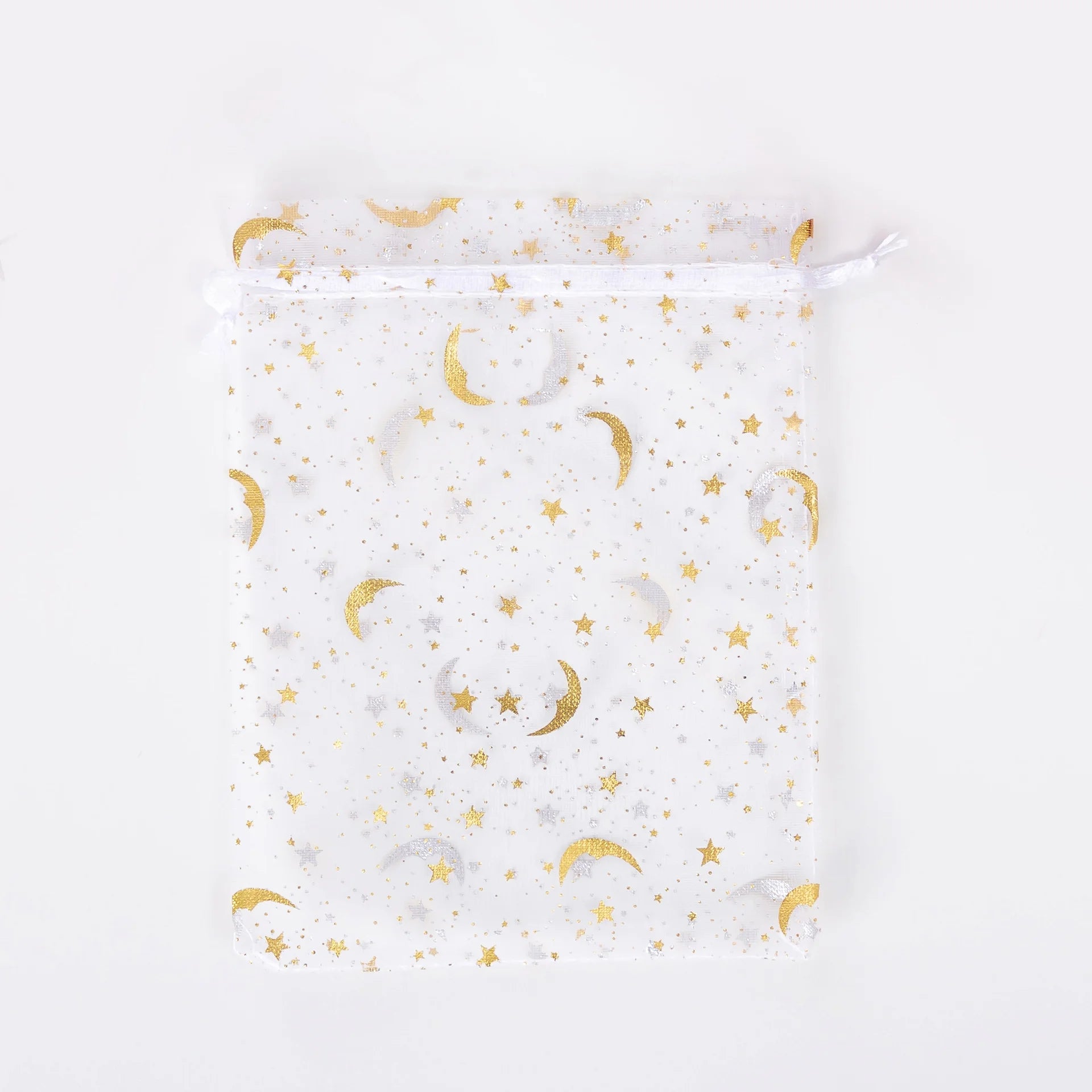 50PCS White Moon Stars Drawstring Organza Bags Jewelry Gift Bags Pouches Gold Star Organza Favor Pouches for Christmas Wedding