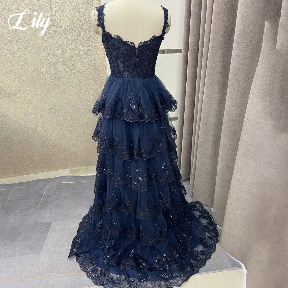 Robe de soirée bleu marine Lily, coupe trapèze, bustier cœur à volants, plis, fines bretelles, robe pour occasion spéciale, personnalisée