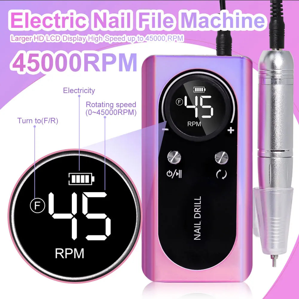Ponceuse à ongles rechargeable 45 000 tr/min avec écran LCD, faible niveau sonore, ponceuse à ongles professionnelle et kit d'accessoires pour ongles