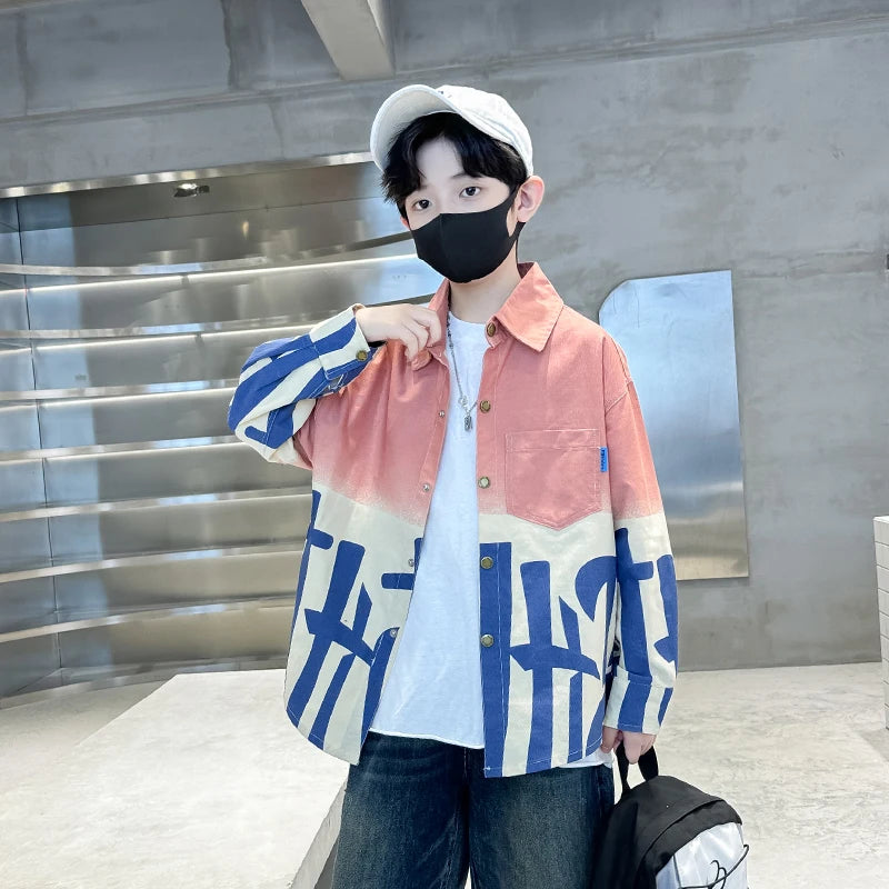 Chemise en jean dégradée à manches longues pour garçon, manches longues, avec inscription, bleu et orange, style décontracté, vêtements pour enfants