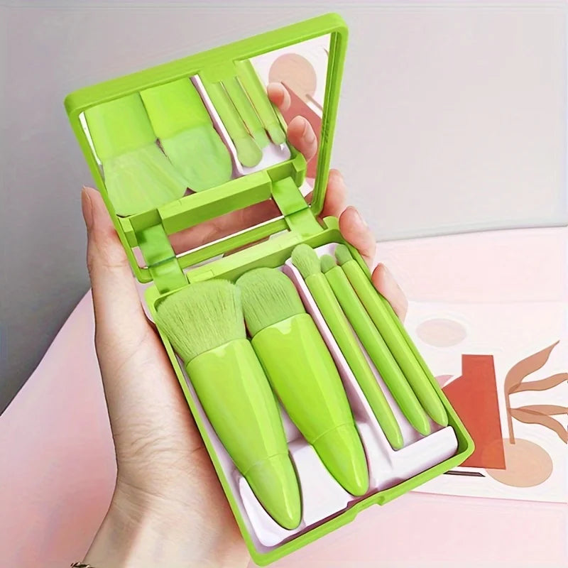 Ensemble de pinceaux de maquillage portables 5 pièces avec miroir-Kit de voyage pliable, ensemble de mini pinceaux de maquillage ensemble de pinceaux de maquillage de voyage