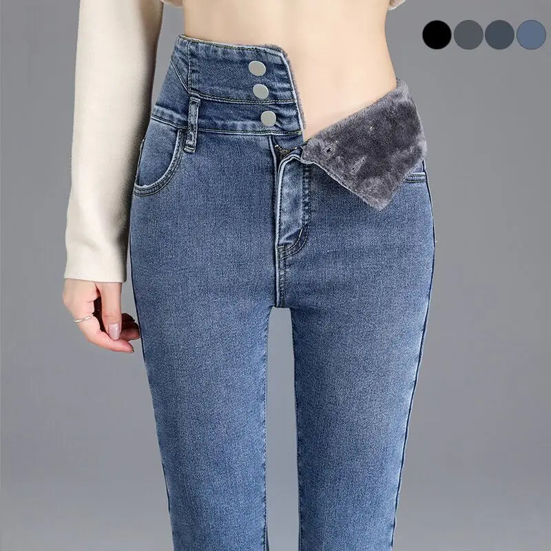 Thermique Hiver Épais Polaire taille Haute Chaud Skinny Jeans Épais Femmes Bouton Extensible Crayon Pantalon Maman Décontracté Velours Jeans