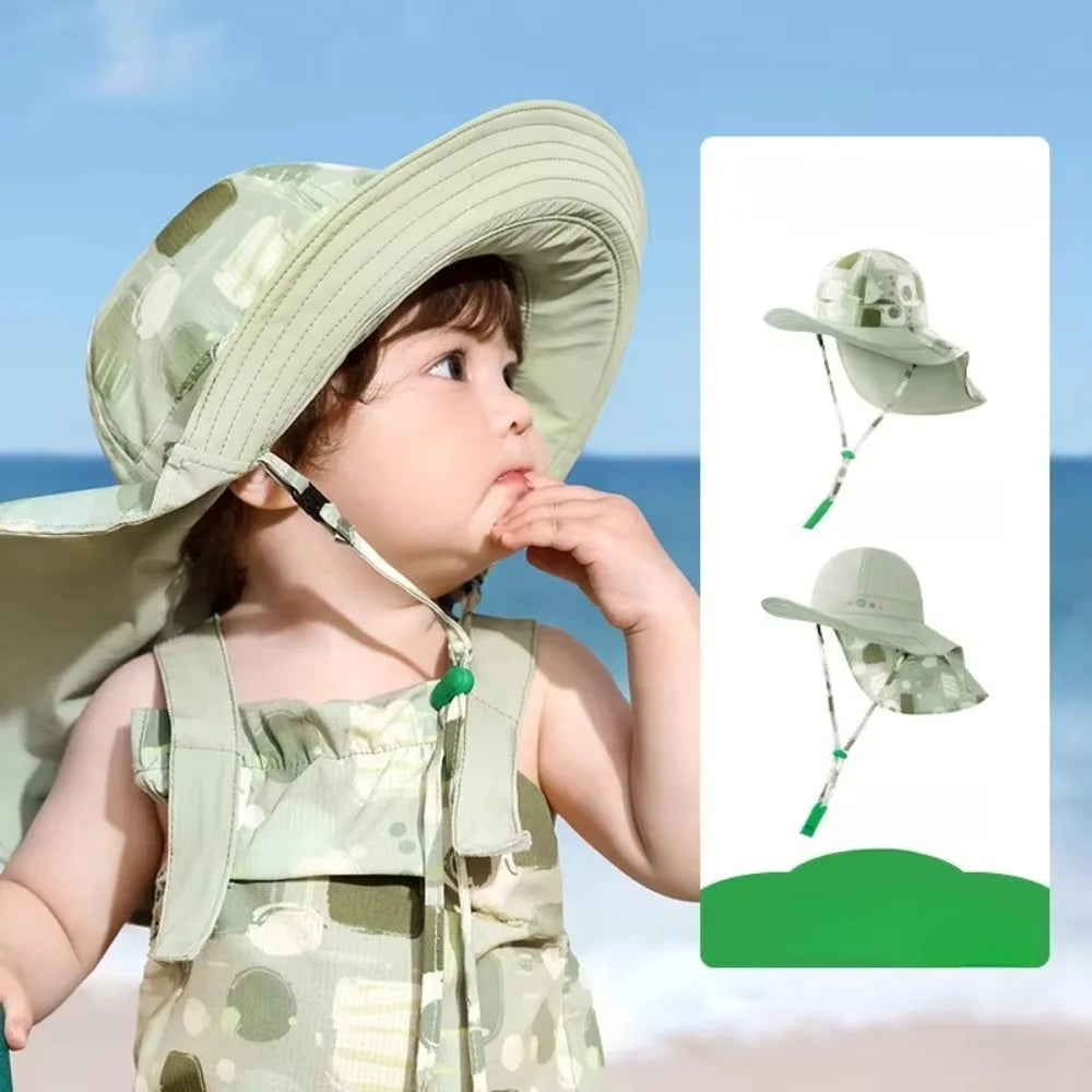 Chapeau de soleil confortable de style coréen pour enfant, double face, en coton, à large bord, idéal pour la plage et le sable, protection solaire UPF 50+, ajustable, pour l'été