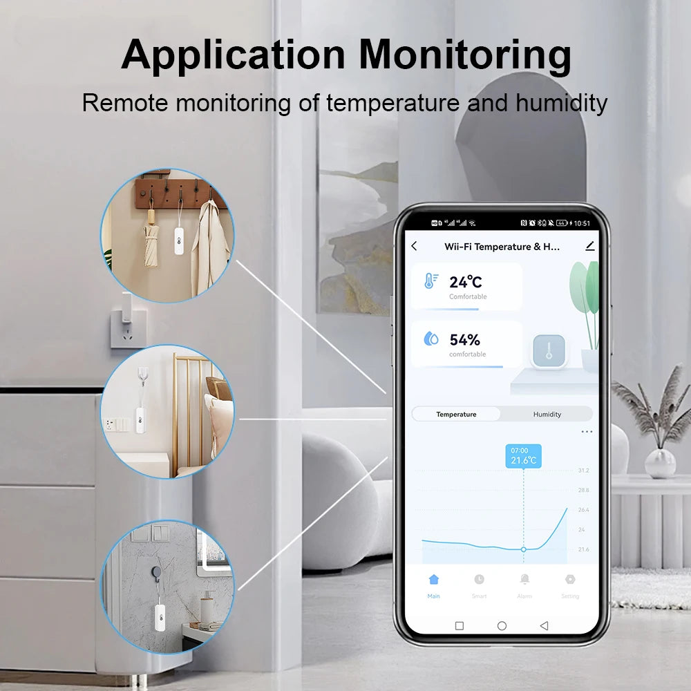 Capteur d'humidité et de température Tuya WiFi, blanc, pour maison connectée, alimenté par batterie, compatible avec une application et fonctionnant sous Alexa ou Google Assistant