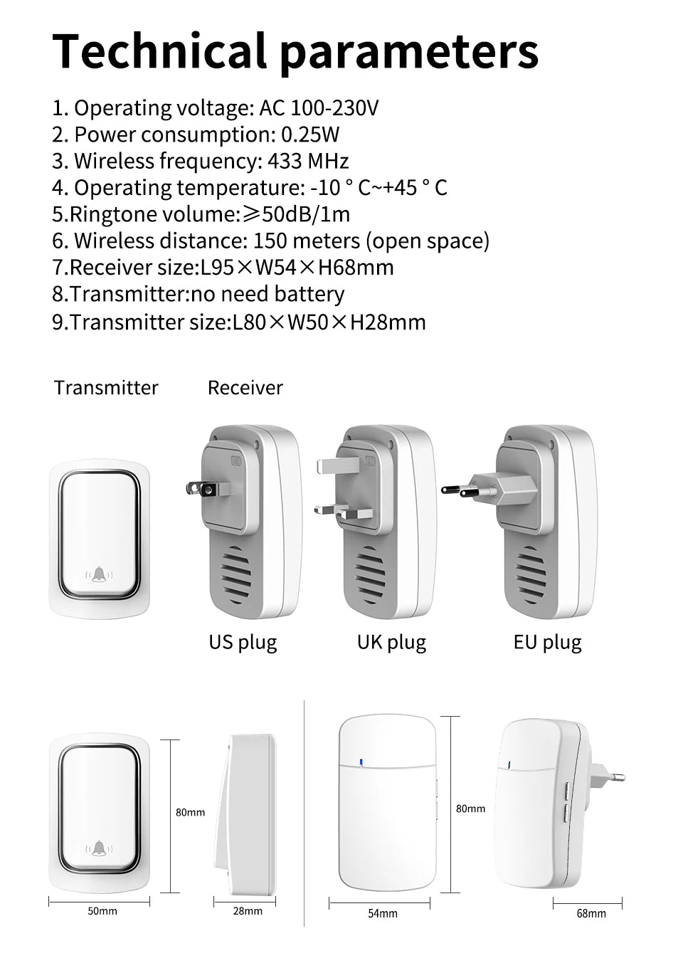 Sonnette sans fil avec carillon de bienvenue pour système d'alarme de sécurité domestique, prise UE/US/UK