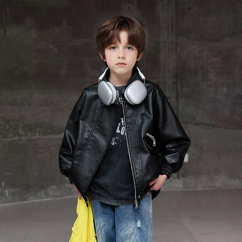 Manteau imperméable et coupe-vent pour garçons de 2 à 12 ans, vert foncé, veste en cuir Pu pour moto, Rock noir, vêtements de photographie de rue pour enfants