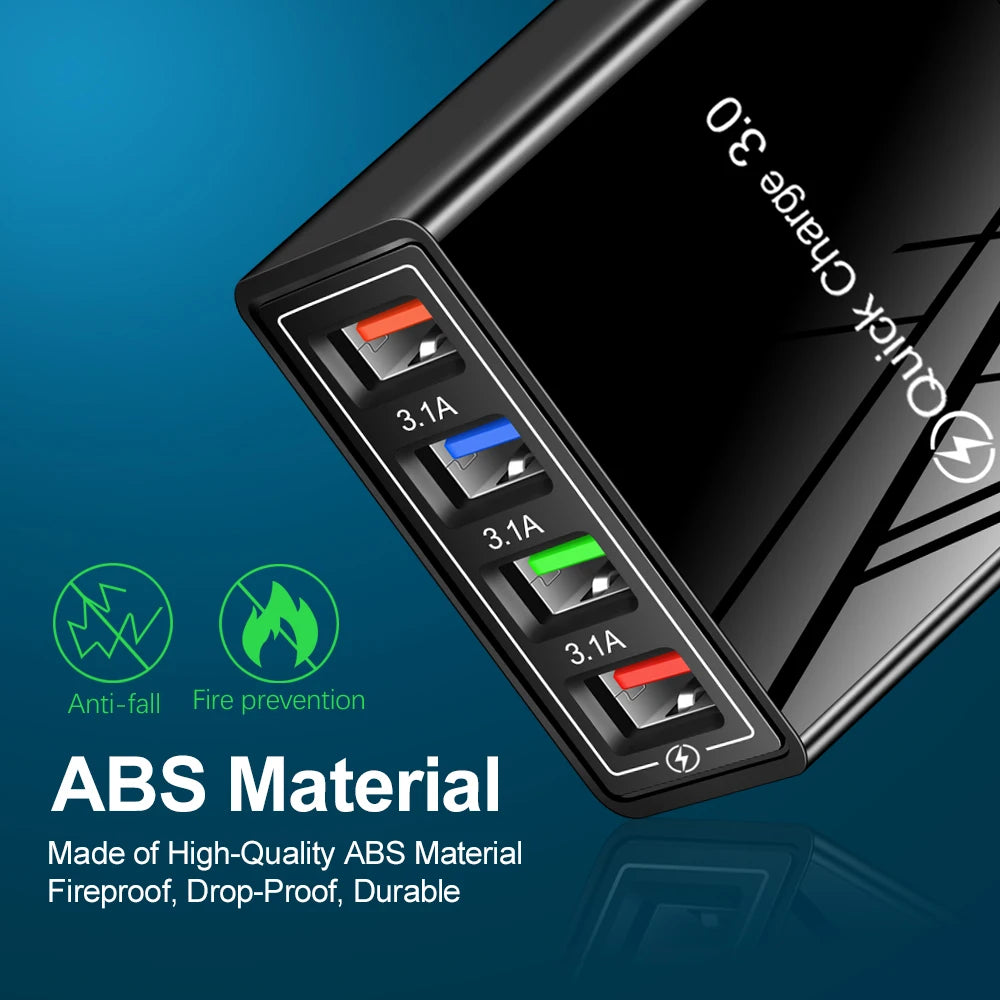 Chargeur secteur 3,1 A (UE/US) avec 4 ports USB pour la maison et les voyages, compatible avec iPhone 12, 13, 14, 15 Pro Max, Samsung, Xiaomi et Huawei