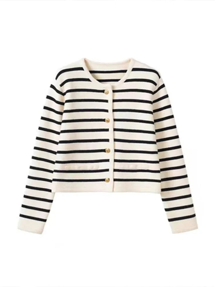 AOSSVIAO – Cardigan tricoté à rayures et col rond pour femme, pull à manches longues, décontracté, court, Style coréen, nouvelle collection printemps-automne 2025