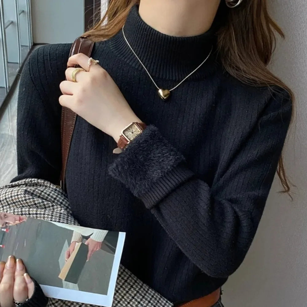 Pull à col roulé pour femme, rétro, avec doublure en velours, vêtements intérieurs épais, tricot thermique, chemise à bascule, collection hiver 2025