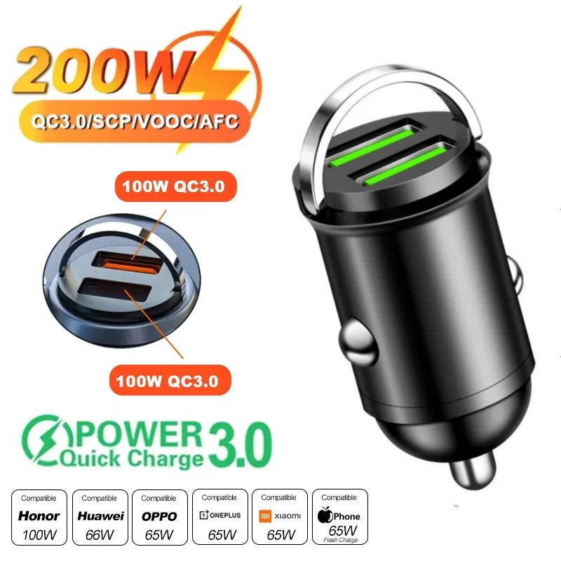 Mini chargeur de voiture 100W/200W QC3.0 PD, briquet 12-24V, charge rapide, USB Type C, pour Xiaomi Samsung Huawei iPhone Power