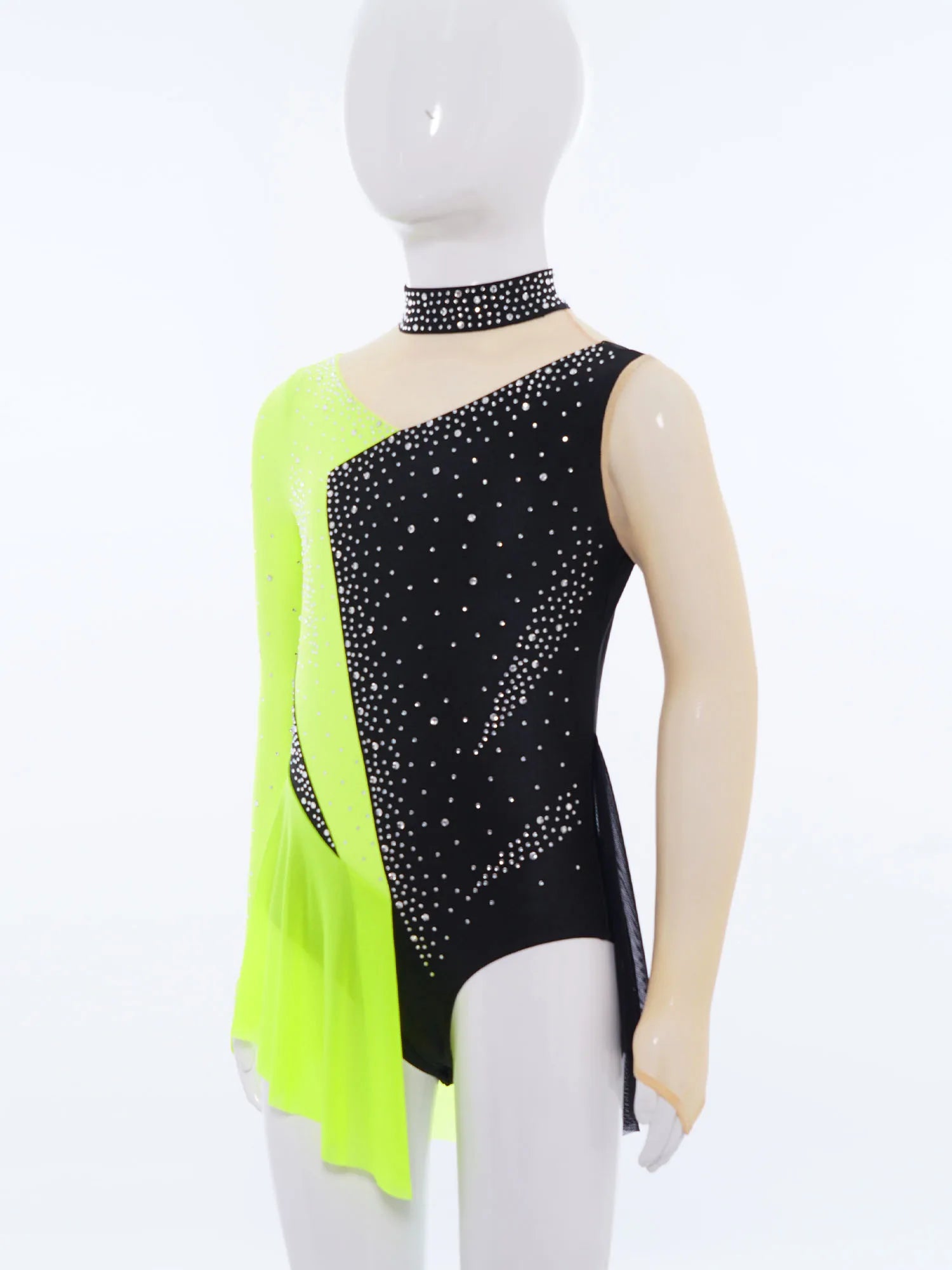 Robe de patinage artistique pour enfants filles, manches longues, strass, maille transparente, body de gymnastique, danse lyrique, Ballet, acrobatie, justaucorps
