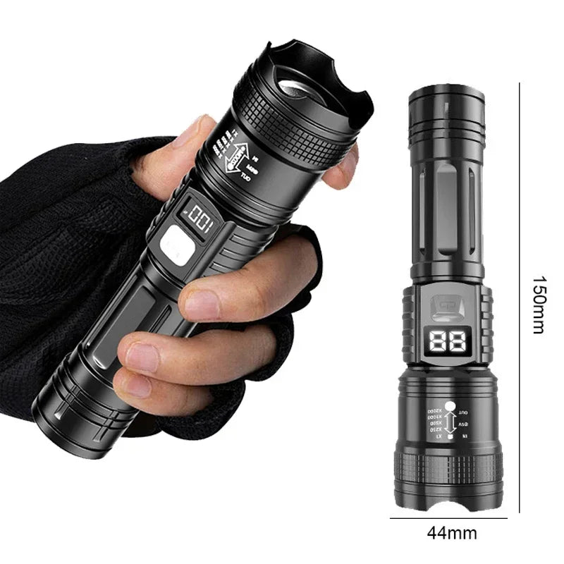 Lampe torche LED haute puissance, lampe tactique avec affichage lumineux, chargement USB, idéale pour le camping, la pêche et les situations d'urgence