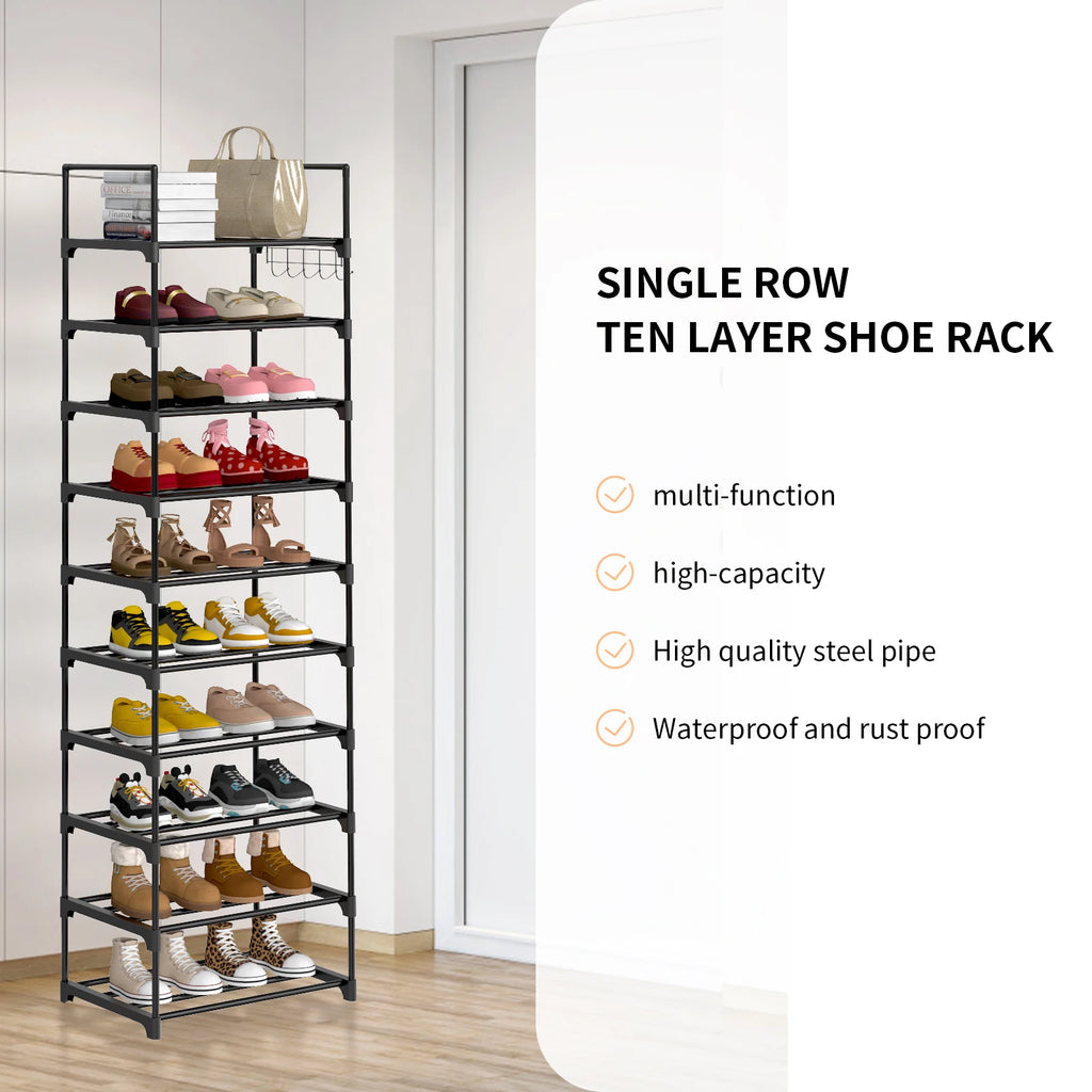 Étagère à chaussures EFAN, rangement à chaussures en métal à 10 niveaux, design personnalisable, structure métallique, étagère gain de place, pour chambre ou couloir.