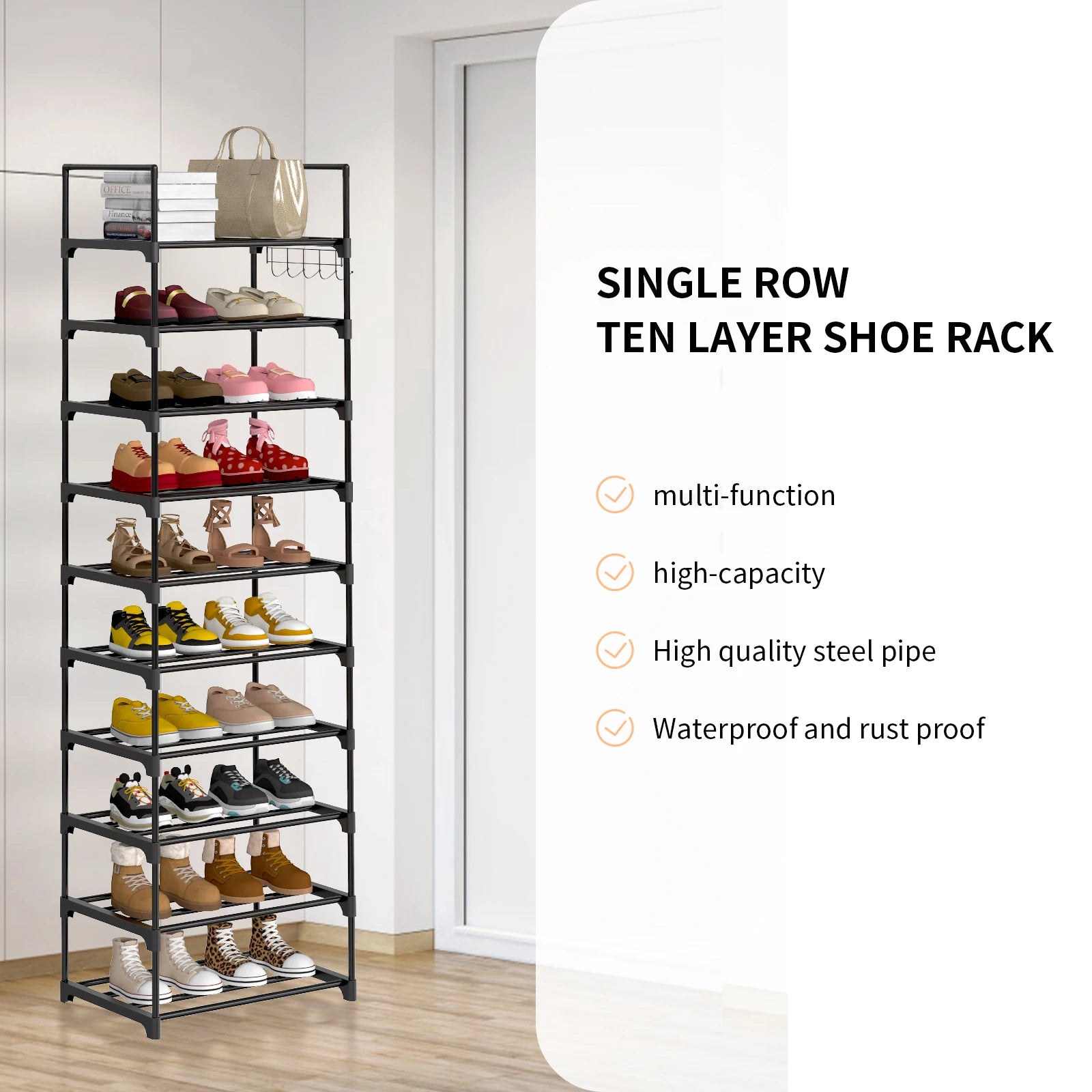Étagère à chaussures EFAN, rangement à chaussures en métal à 10 niveaux, design personnalisable, structure métallique, étagère gain de place, pour chambre ou couloir.
