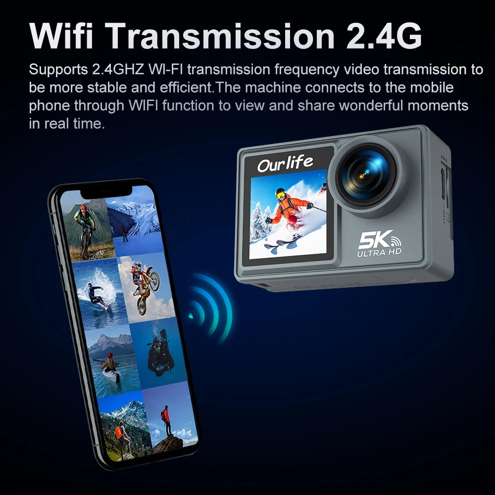 Caméra d'action Ourlife MTR40 5K 2.0 "écran tactile IPS 5X Zoom caméra d'action WiFi EIS 170 ° 30M caméra de sport professionnelle étanche