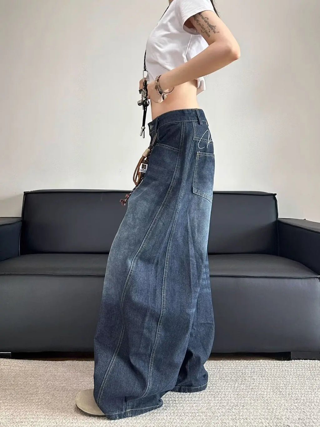 Jean en Denim brodé pour femmes, élégant, Chic, élégant, Patchwork, Vintage, drapé, droit, coupe ample, amincissant, polyvalent
