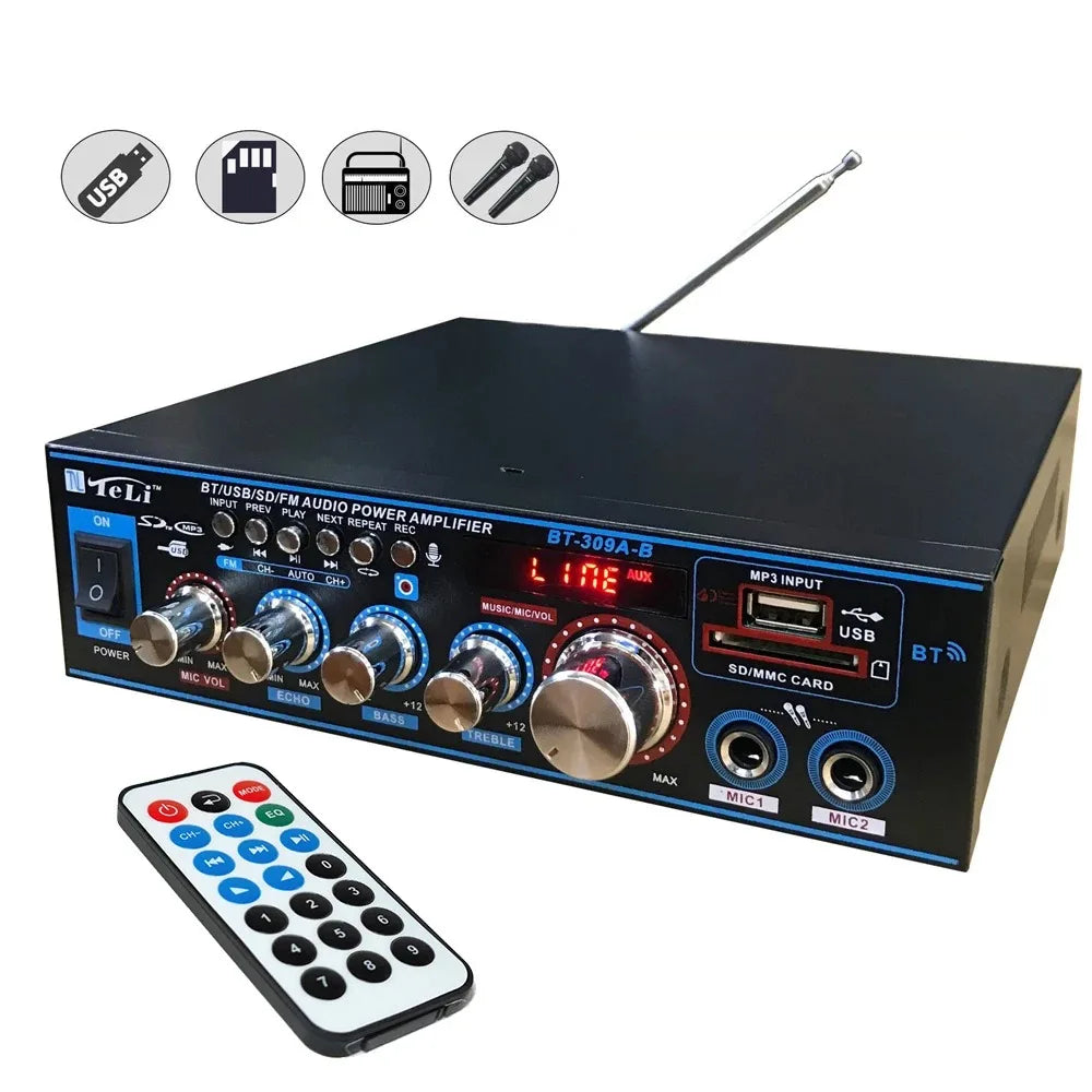 Amplificateur audio miniature BT-309A-B 35 W x 2 / Bluetooth USB SD FM AUX Entrée micro avec écho / Alimentation DC 12 V / AC 220 V
