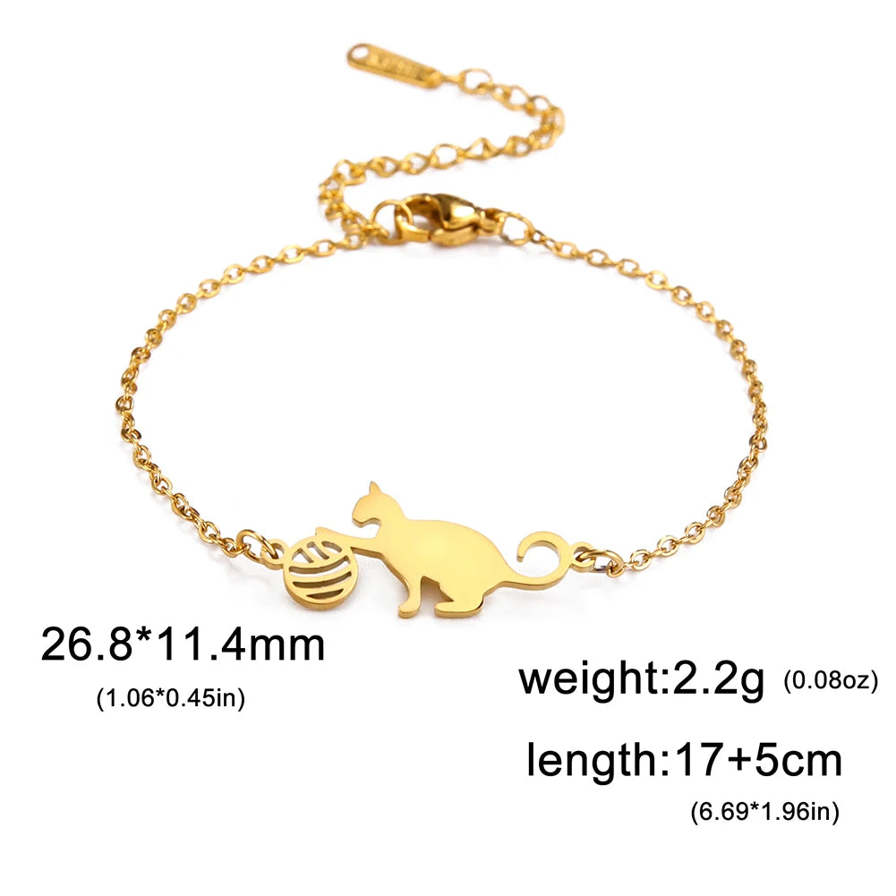 Bracelet Lucktune Chat Mignon en Acier Inoxydable avec Pendentif Animal et Chaîne à Perles - Bijou Tendance Kpop pour Femmes et Hommes - Cadeau Couple