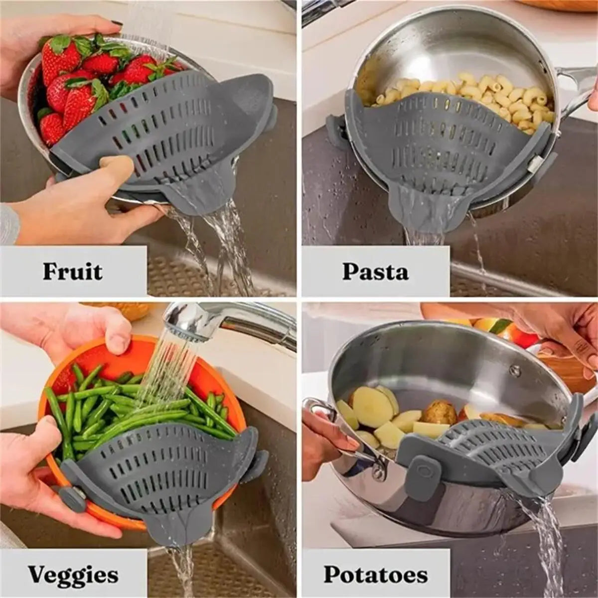 1 passoire à pince réglable en silicone pour casseroles, poêles et bols - Égouttoir manuel pour nouilles et pâtes