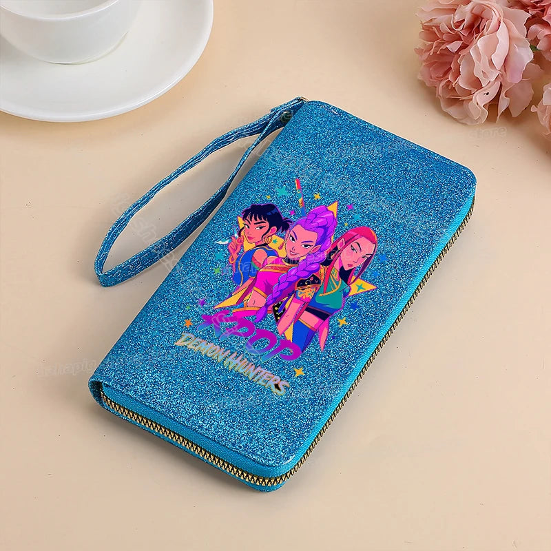 Portefeuille long KPop Demon Hunters pour femmes, à paillettes et fermeture éclair, en cuir PU, porte-monnaie, porte-cartes d'identité, pochette pour femme