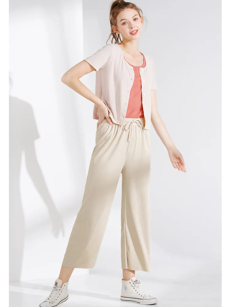 Pantalon à jambes larges pour femmes, longueur cheville, décontracté, couleur unie, taille élastique, ample, en soie glacée, printemps été