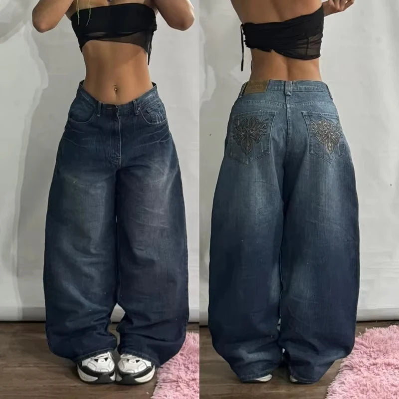 Mode américaine nouveau noir vieux trous lavés Baggy jean dames Y2K Vintage Punk mode décontracté Joker taille haute pantalon à jambes larges