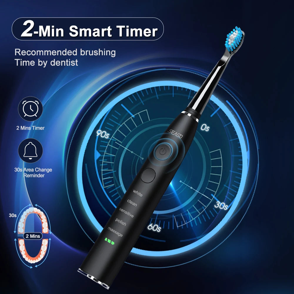Seago Electric Toothbrush USB Rechargeable Adult 360 Days Long Battery Life IPX7 4 Replacement Heads Travel Box  SG-575