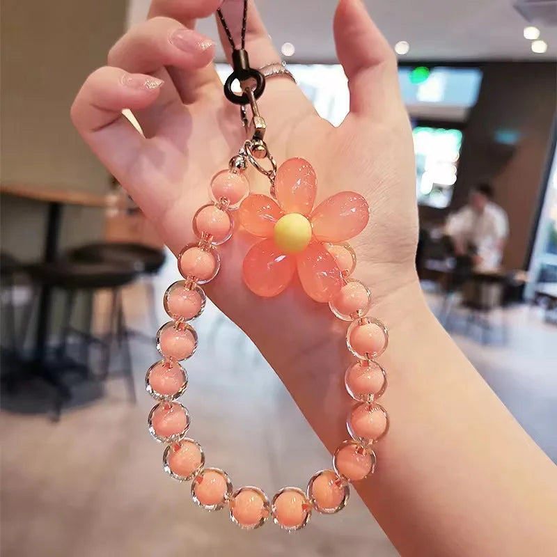 Lanière de téléphone Anti-perte pour clé, pendentif de poignet court, Macaron coloré, perle ronde, chaîne à main pour femmes, lanière de téléphone portable