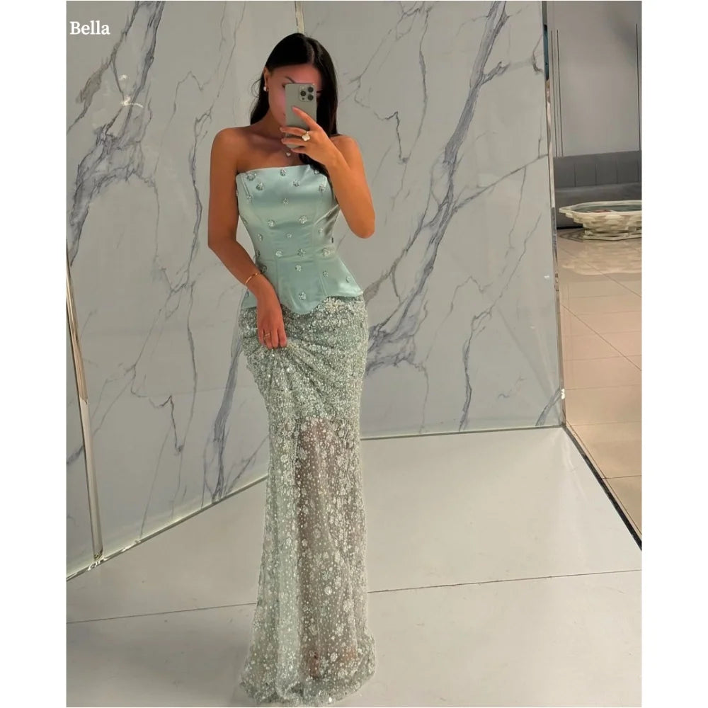 Robe de soirée sirène verte à perles Bella Customize, sans bretelles, sans manches, bustier, robe de bal longue ornée de perles, robe de mariée 2025
