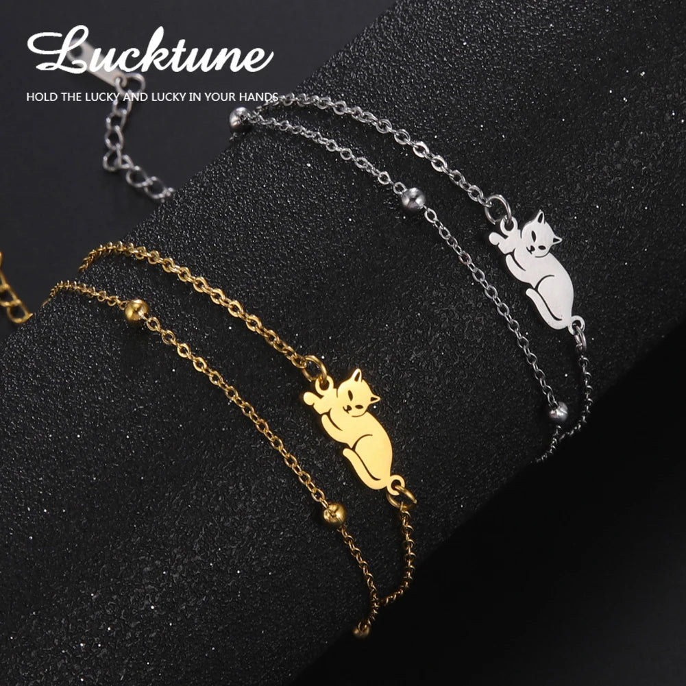 Bracelet Lucktune Chat Mignon en Acier Inoxydable avec Pendentif Animal et Chaîne à Perles - Bijou Tendance Kpop pour Femmes et Hommes - Cadeau Couple