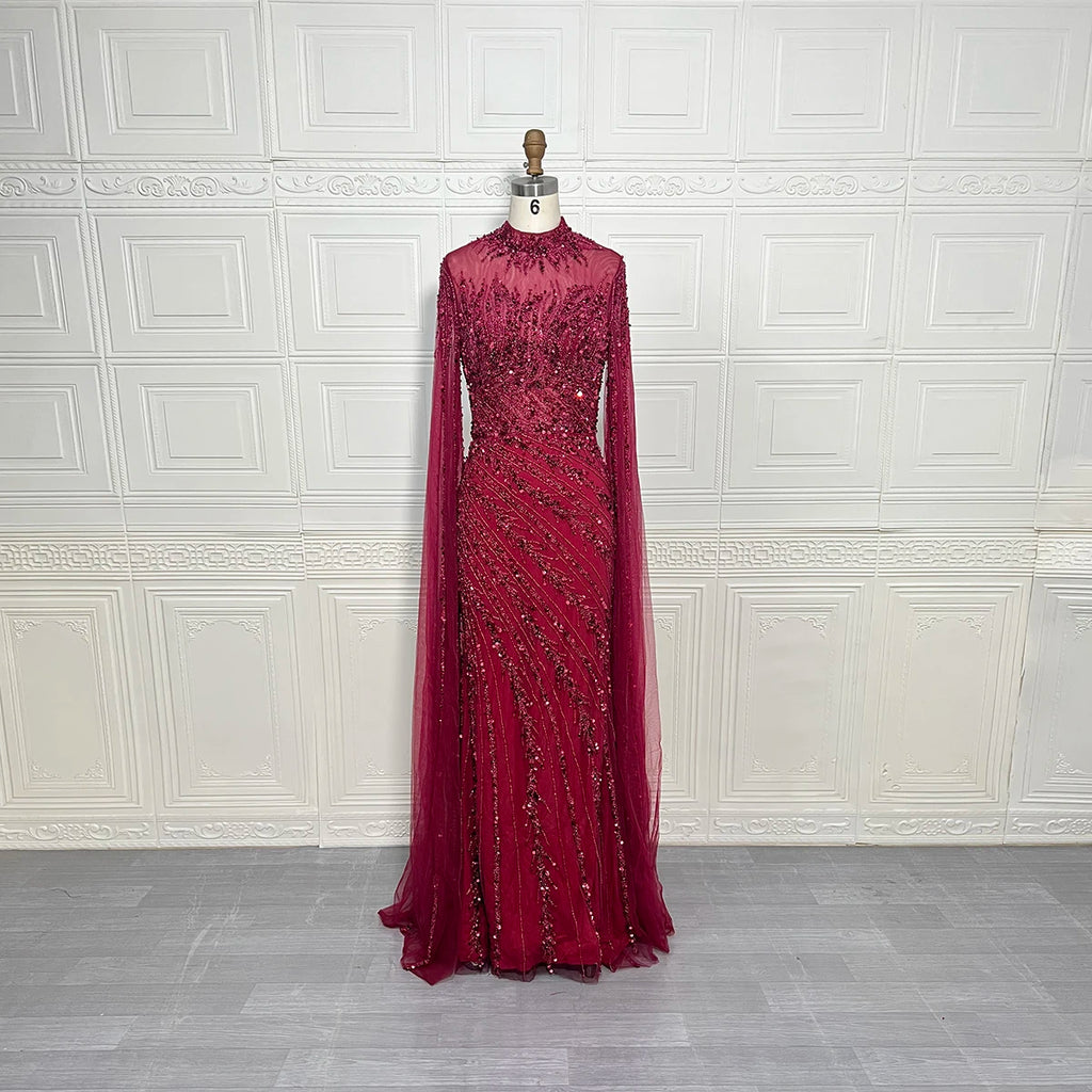 Robes de soirée de luxe sirène à manches cape perlées et col montant, collection 2025 à Dubaï, pour femmes, mariages et autres occasions spéciales