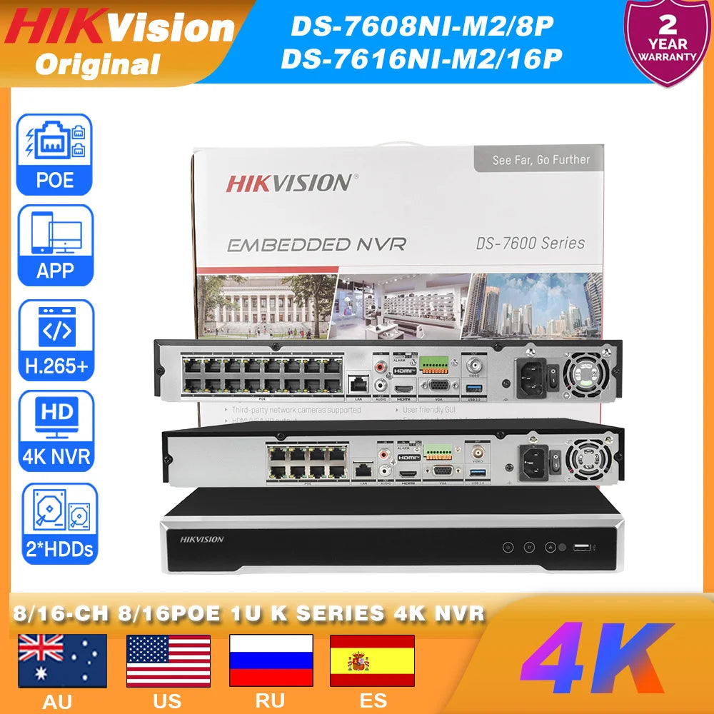 Enregistreur vidéo réseau Hikvision 8K 8CH 8POE DS-7608NI-M2/8P & DS-7616NI-M2/16P 16CH 16POE 32MP 2SATA H.265 Surveillance de sécurité
