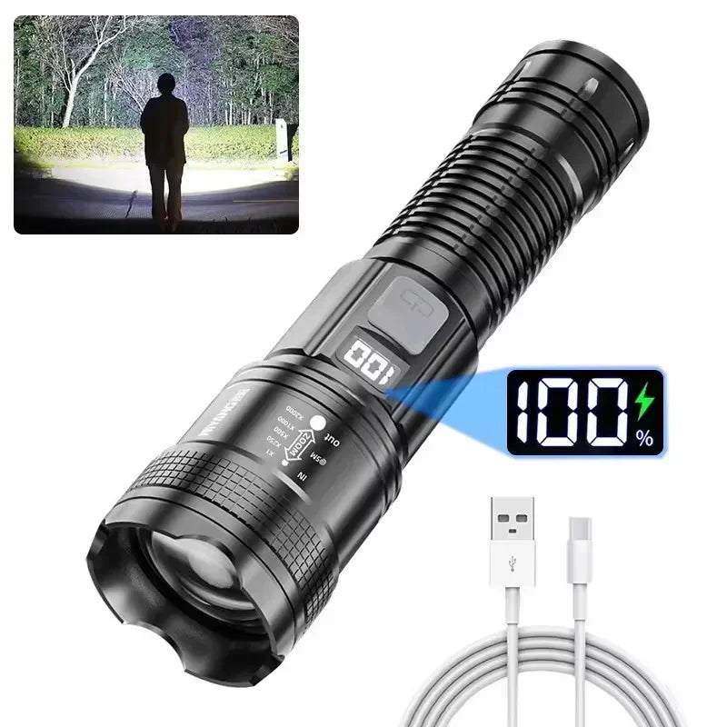 Lampe torche LED haute puissance, lampe tactique avec affichage lumineux, chargement USB, idéale pour le camping, la pêche et les situations d'urgence