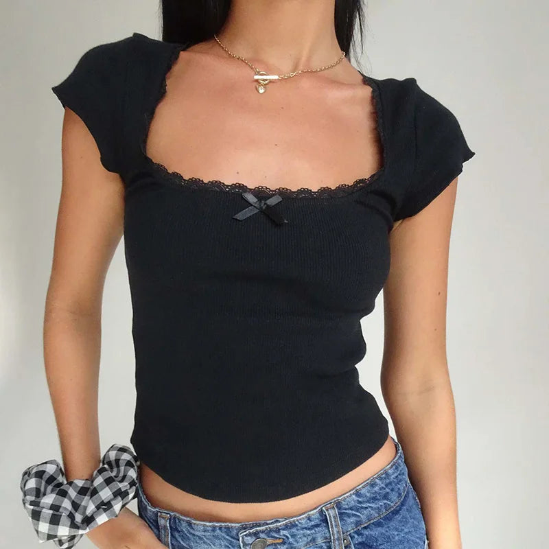 Y2k Vintage Bébé T-Shirt Cottage Dentelle Tricoté T-Shirt D'été Col Carré Manches Courtes T-Shirt Femmes Blanc Laitière Haut Court