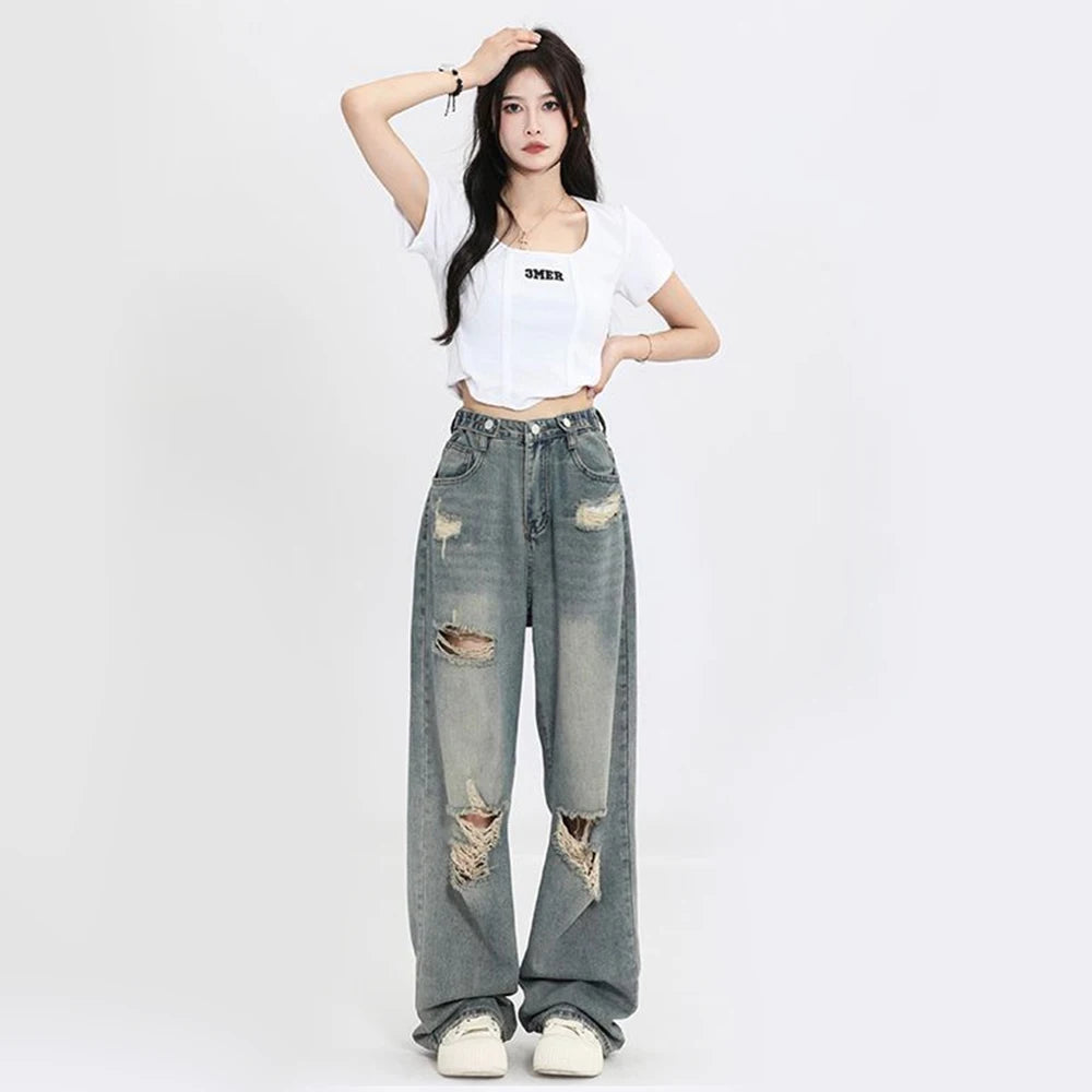 Jean rétro américain perforé pour femmes, taille haute, entrejambe droit, ample, Slim, Design, ambiance de rue, jambes larges, pantalon traînant