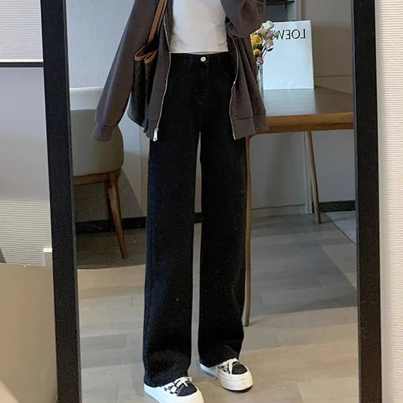 Jean Vintage à jambes larges pour filles, pantalon taille haute, mode féminine, noir, gris, rétro, bleu clair, rose, Denim